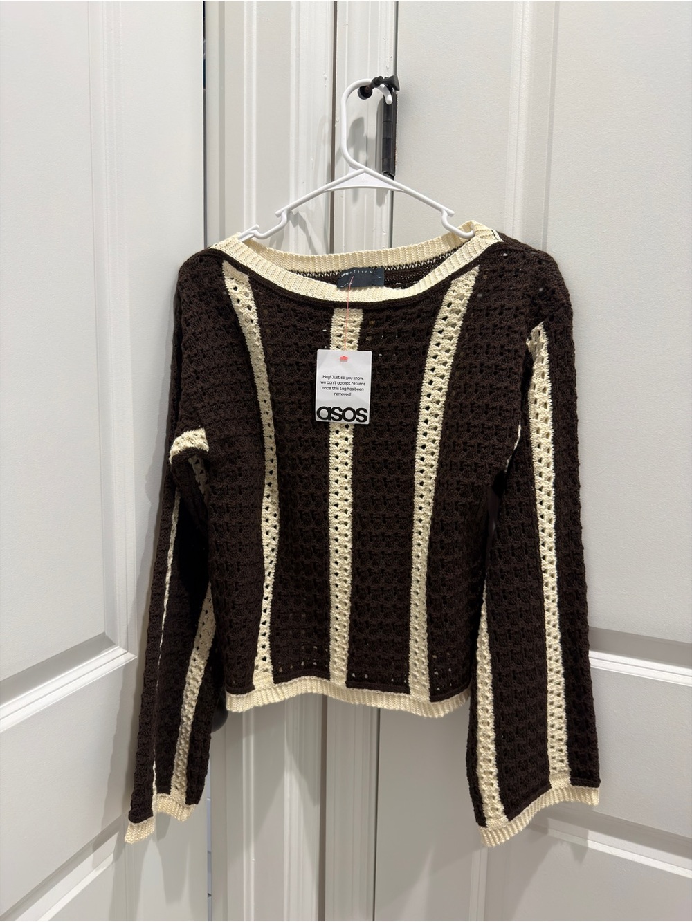 ASOS Brown & Cream Striped Crochet Crew Sweater